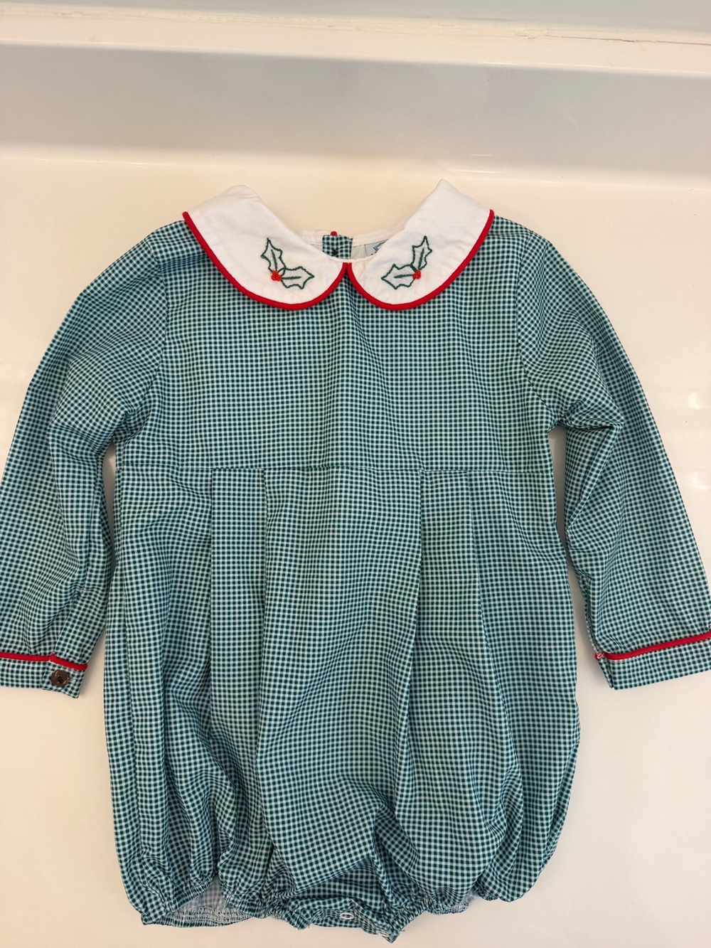 Green Gingham Holiday Bubble Romper with Embroidered Peter Pan Collar